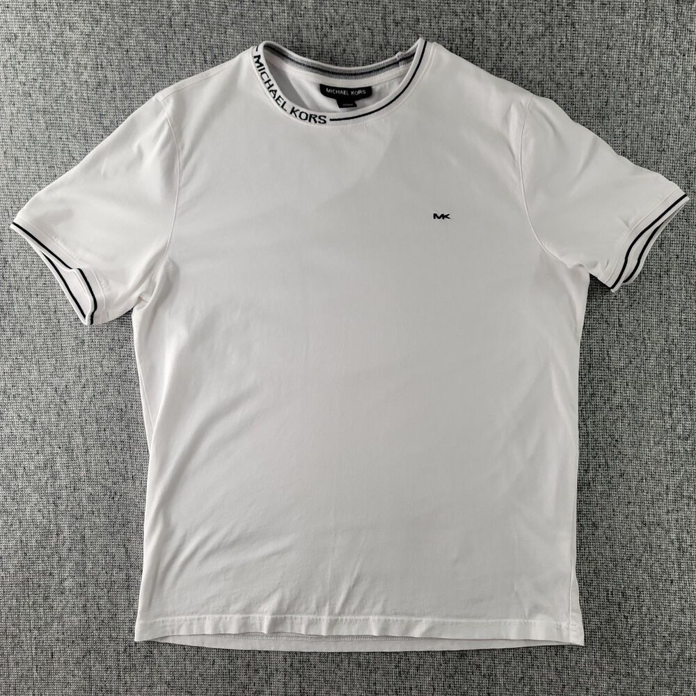 Michael Kors Mens T Shirt Medium White Contrast Trim Collar Logo Crewneck...